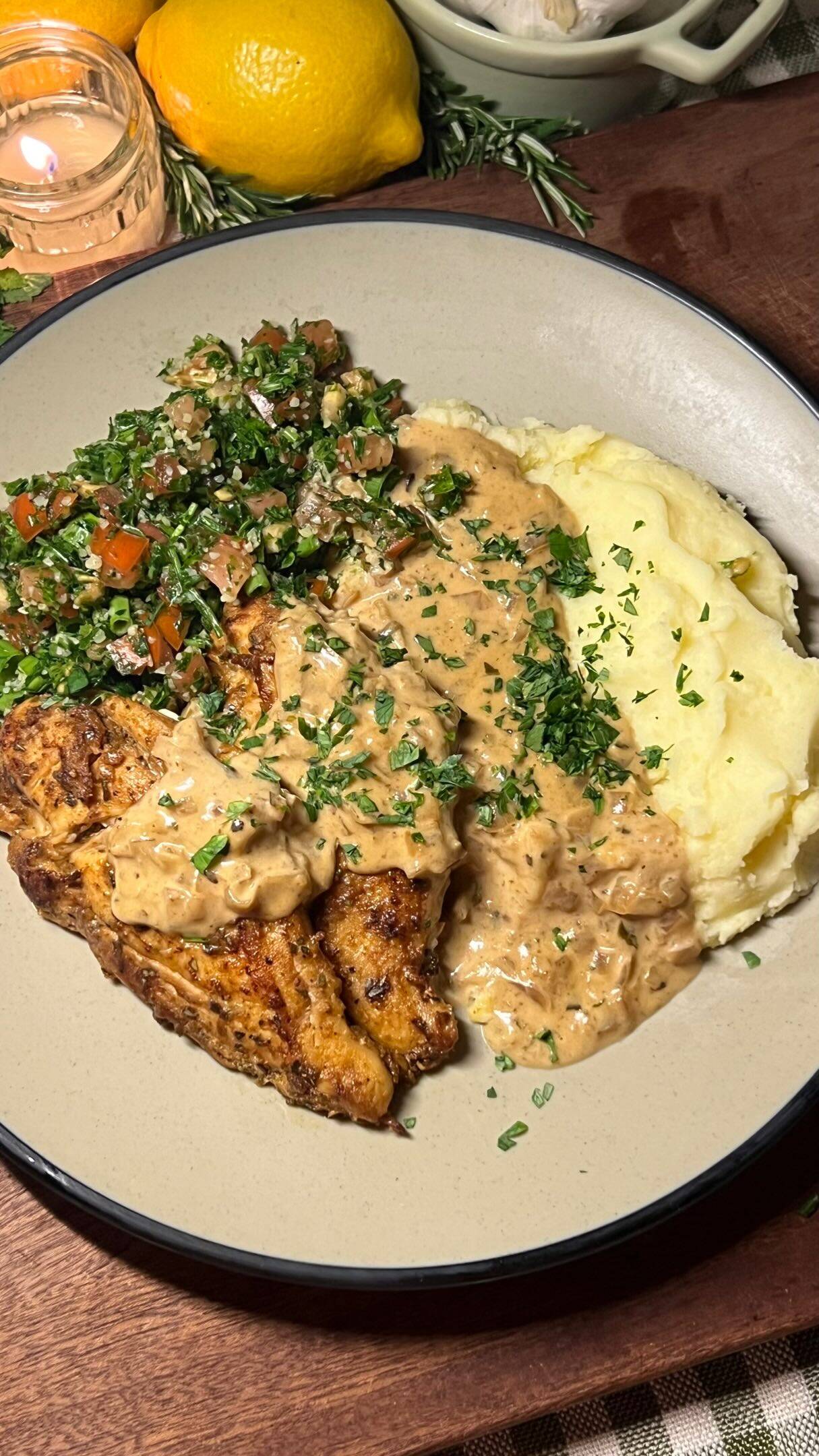 Creamy Chicken with Rosemary Garlic Mash and Parsley Salad recipe thumbnail