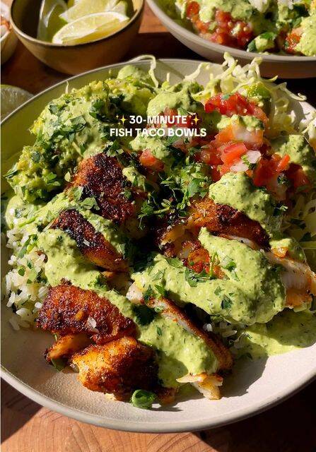 Quick and Delicious 30-Minute Fish Taco Bowls with Cilantro Lime Rice and Creamy Poblano Ranch recipe thumbnail