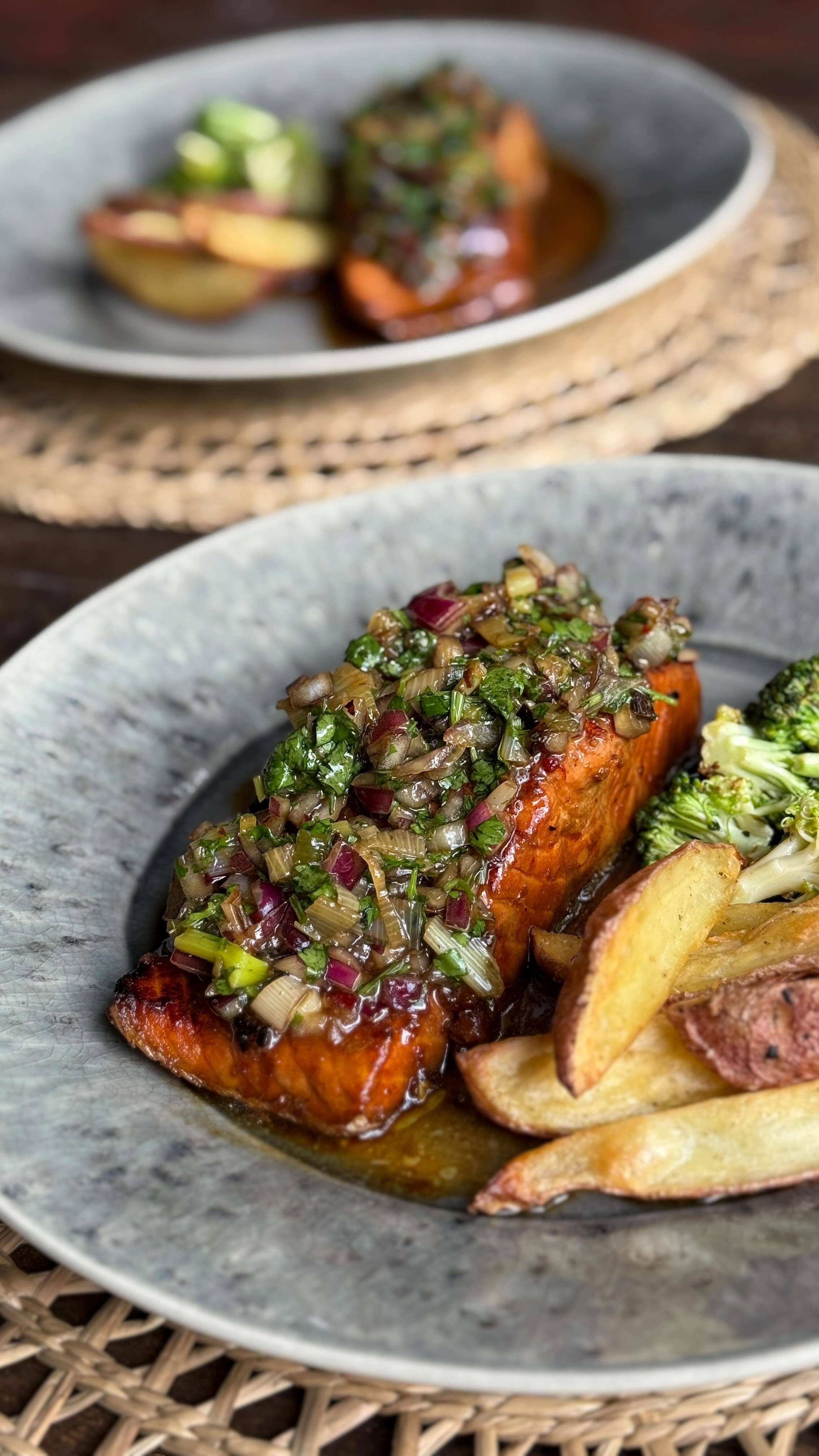 Marinated Acuachile Salmon with Savory Chimichurri and Sautéed Broccoli recipe thumbnail
