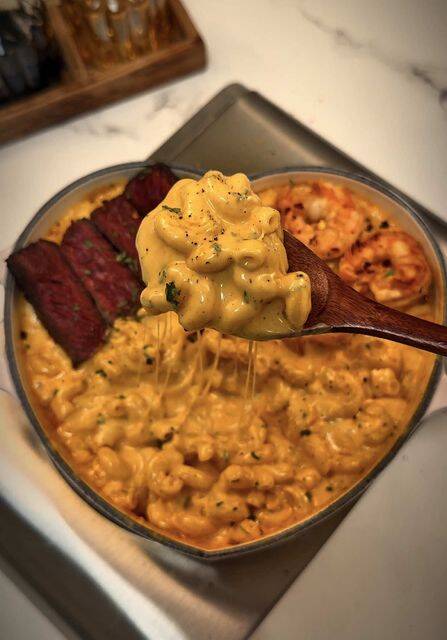 Velvety Gochujang Mac & Cheese with Juicy Steak and Buttery Shrimp recipe thumbnail