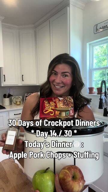Crockpot Apple Pork Chops with Stuffing and Green Beans recipe thumbnail